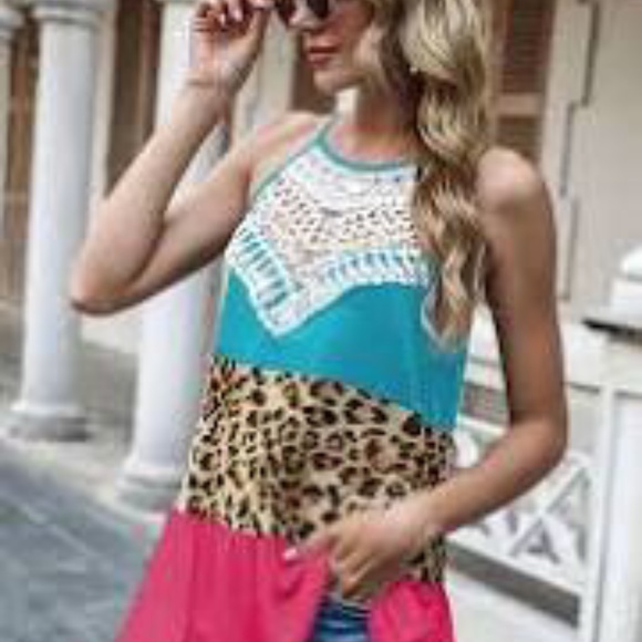 HP💝Leopard Colorblock Tank with lace insert sz med bust 36.5” L 28” - Picture 3 of 4